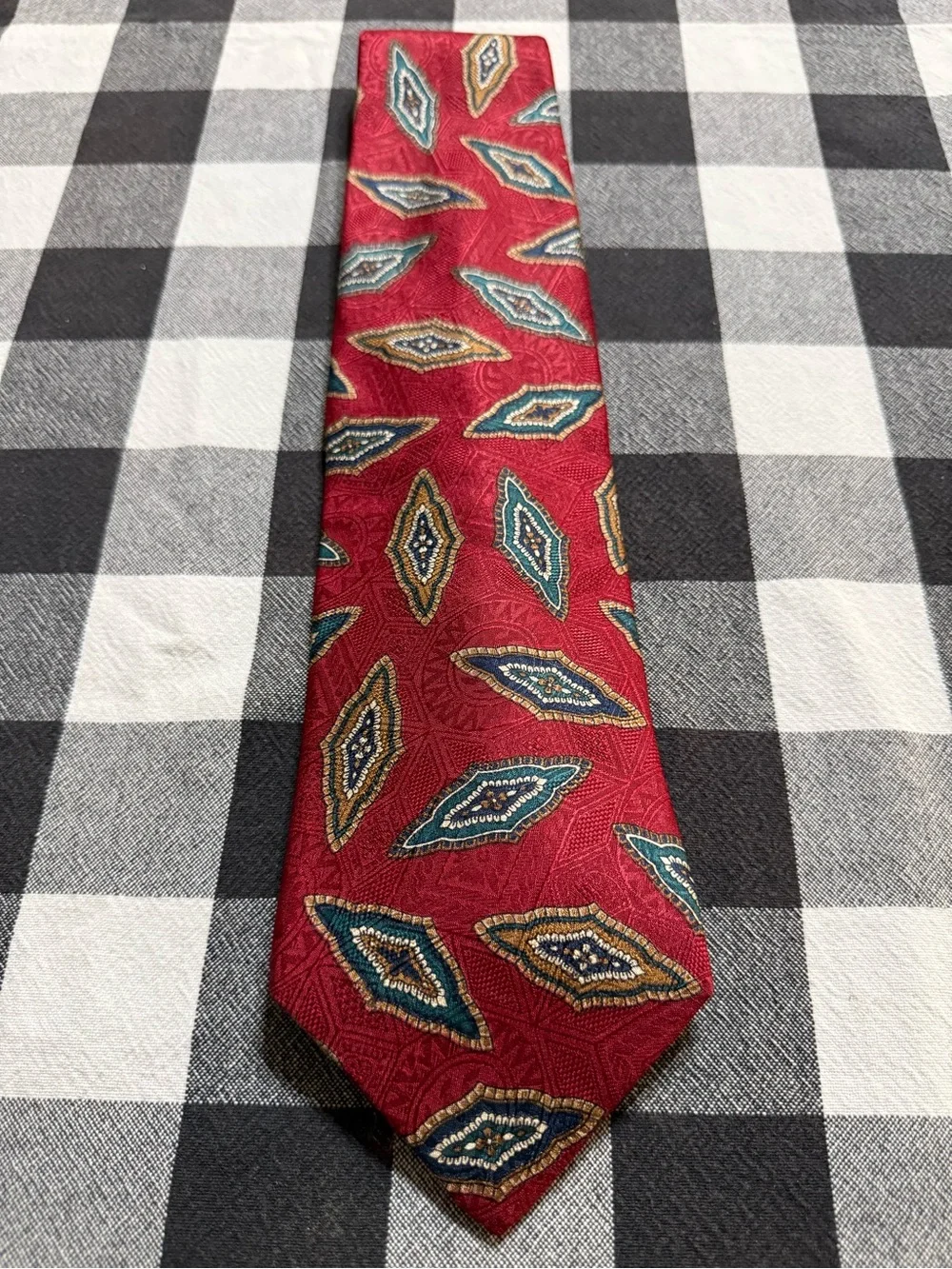 bill blass Red Tie with Teal and Gold Diamond Motifs